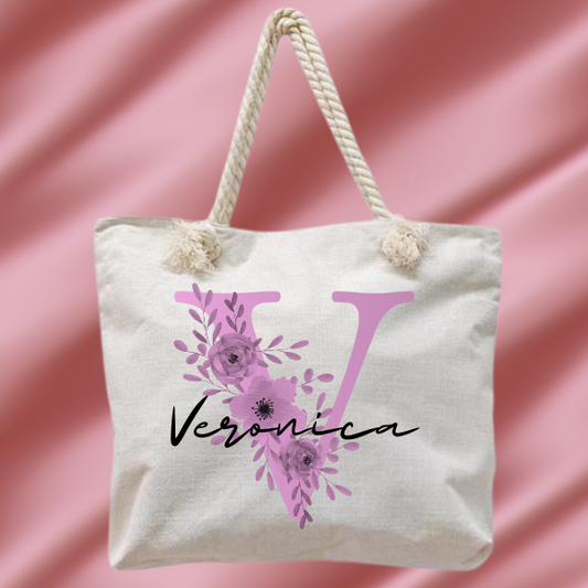 Bolsa playa +Inicial flores +texto