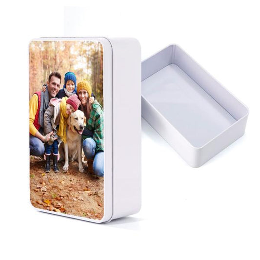 Caja metálica rectangular blanca + foto + texto