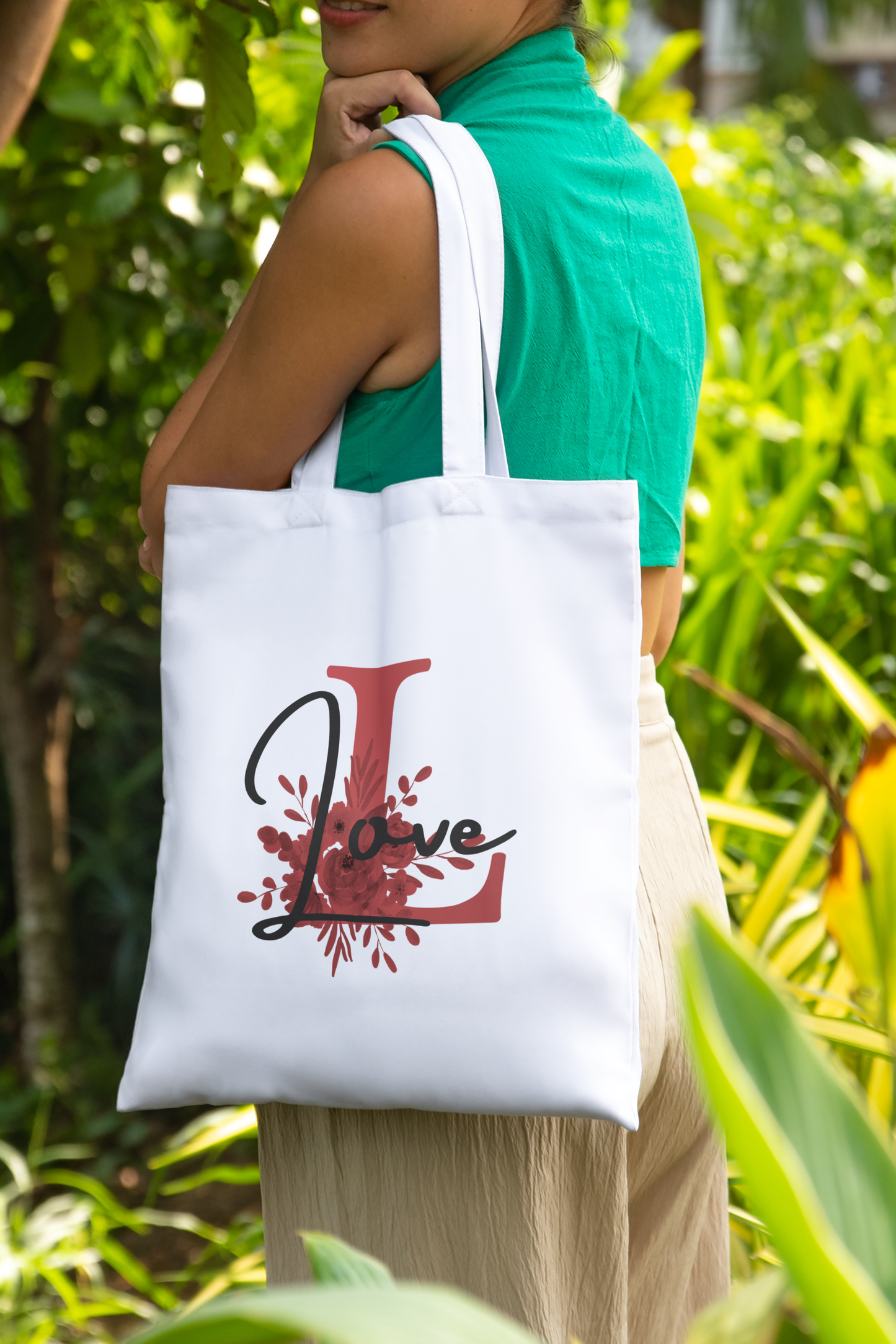 Tote bag + Inicial flores + texto